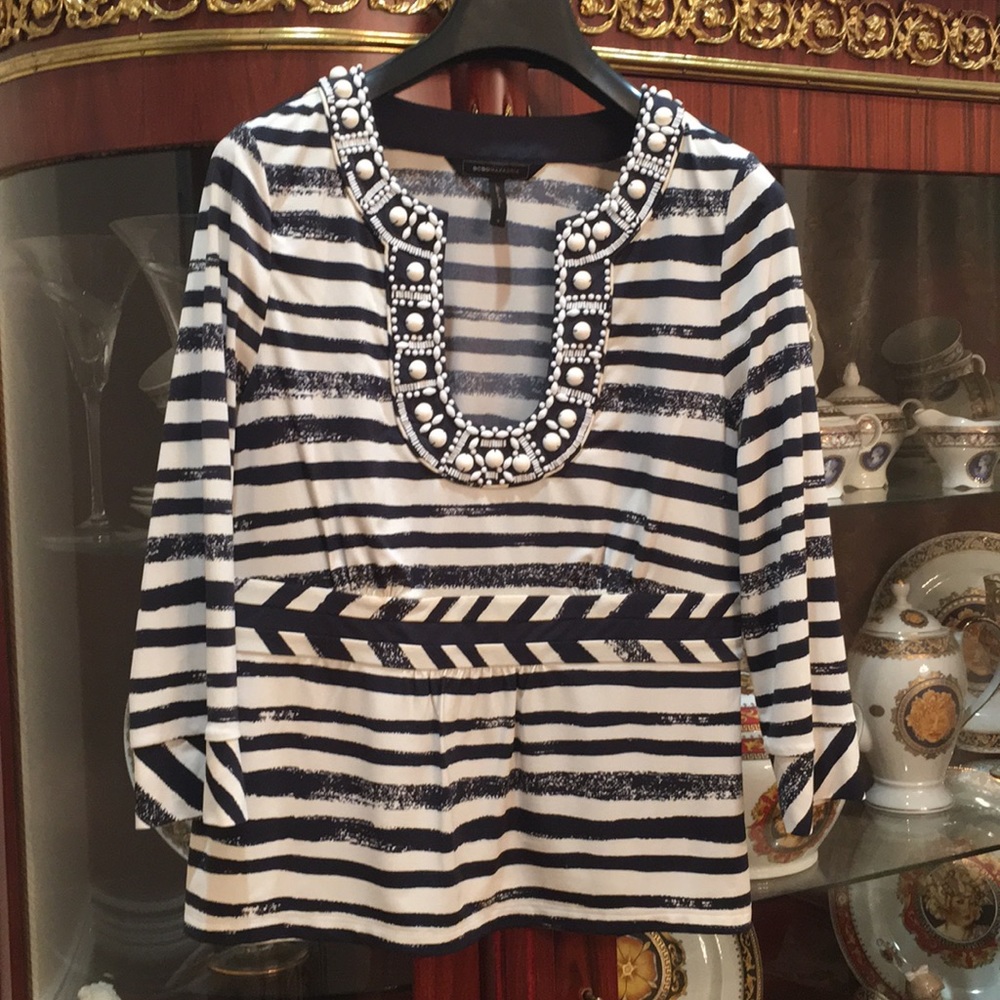 BCBGMaxAzia Studded embellished blue white Striped Top sz.M